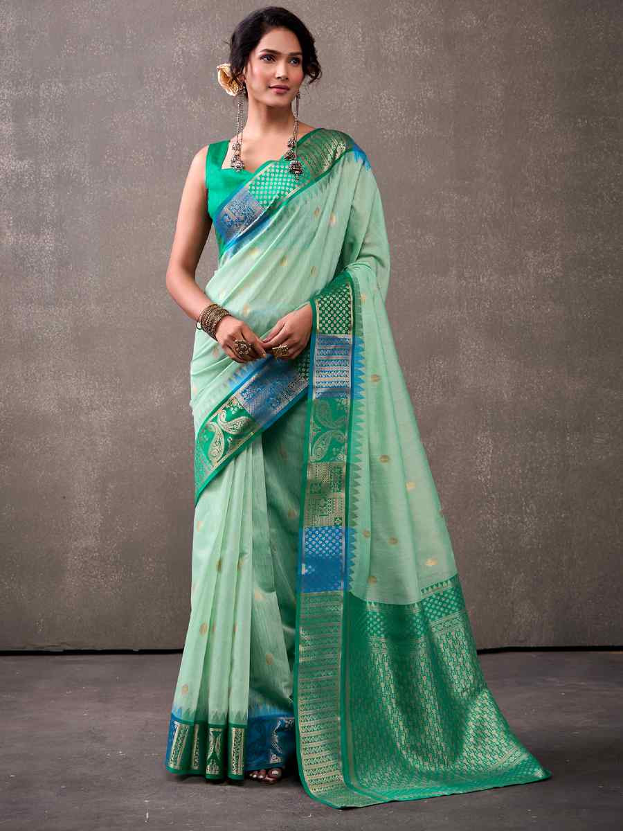 Green Modal Cotton Handwoven Festival Wedding Fancy Heavy Border Saree