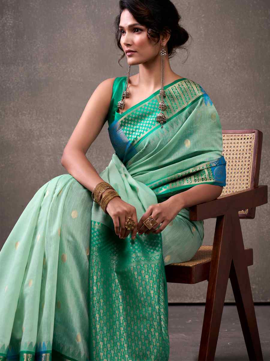 Green Modal Cotton Handwoven Festival Wedding Fancy Heavy Border Saree