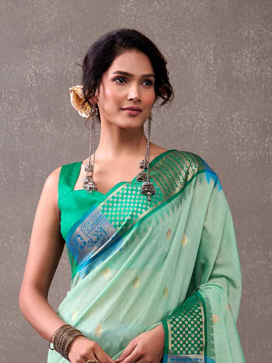 Green Modal Cotton Handwoven Festival Wedding Fancy Heavy Border Saree