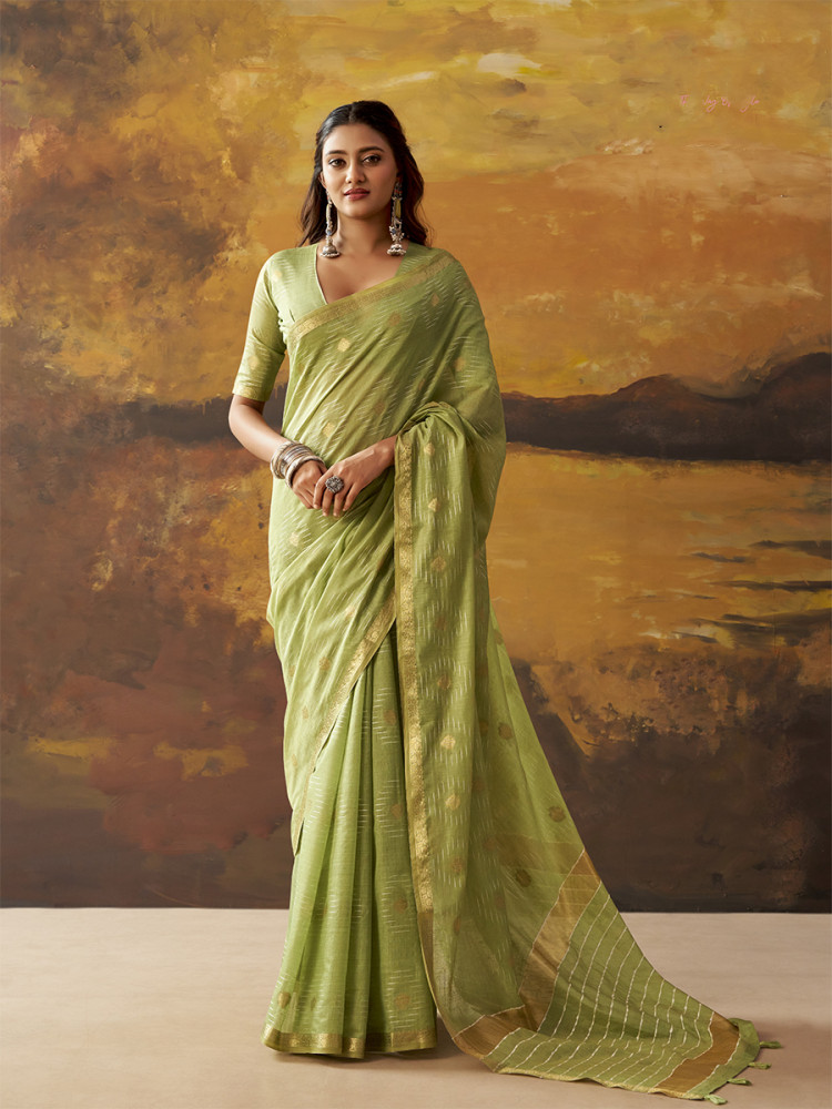 Image of Green Modal Cotton Zari Weaving Wedding Reception Party Festival Casual Heavy Border Sarees