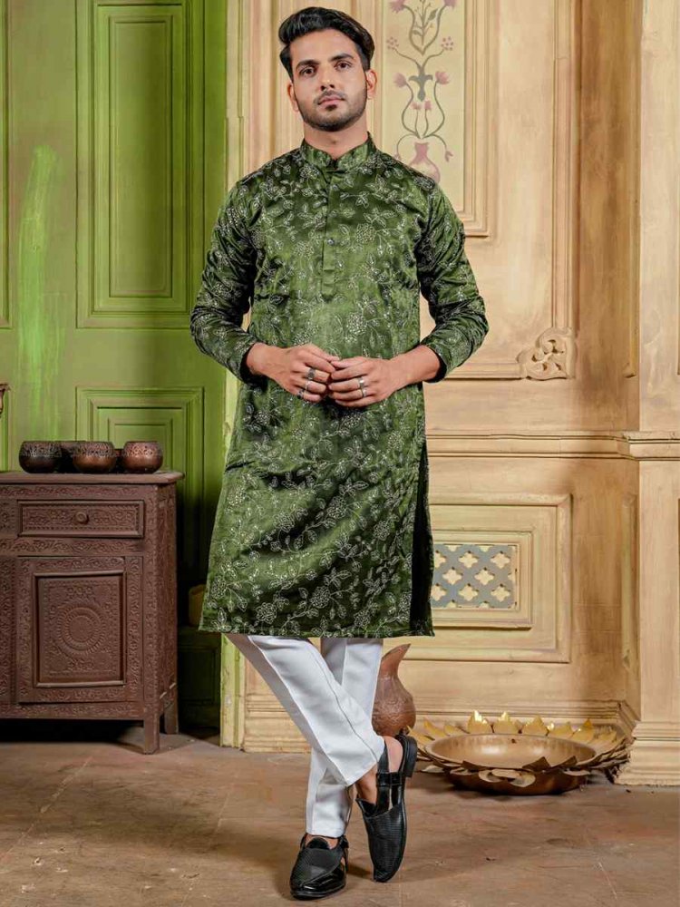 Green Modal Silk Embroidered Festival Kurta