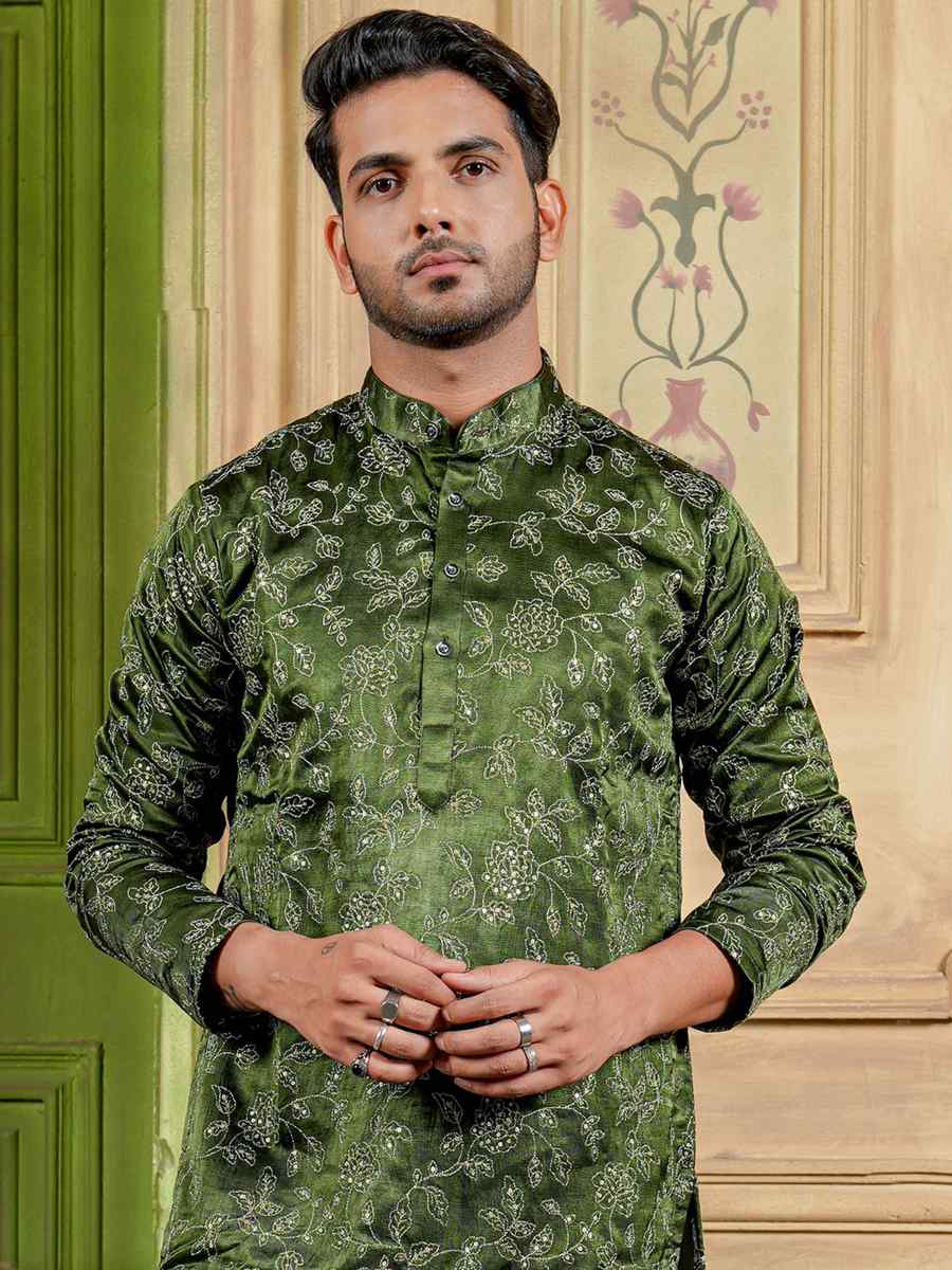 Green Modal Silk Embroidered Festival Kurta
