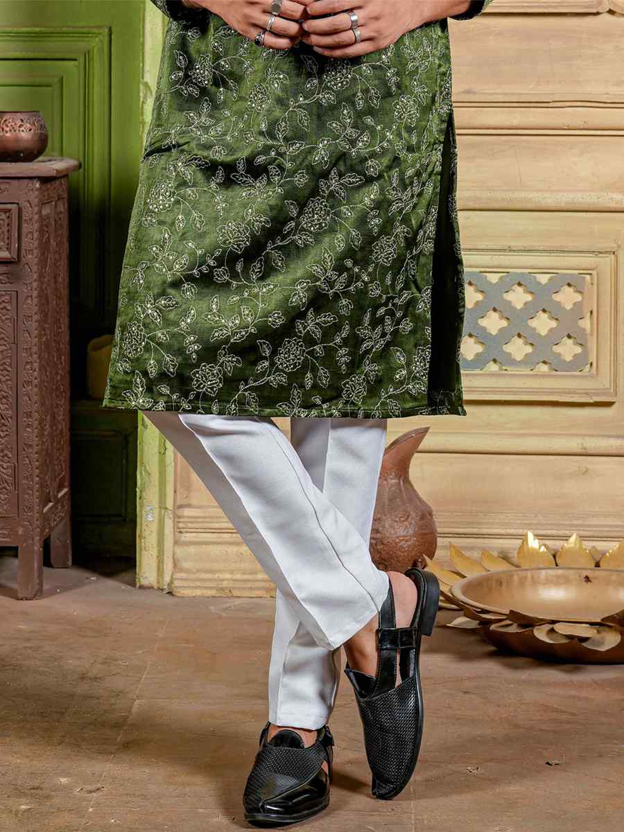 Green Modal Silk Embroidered Festival Kurta