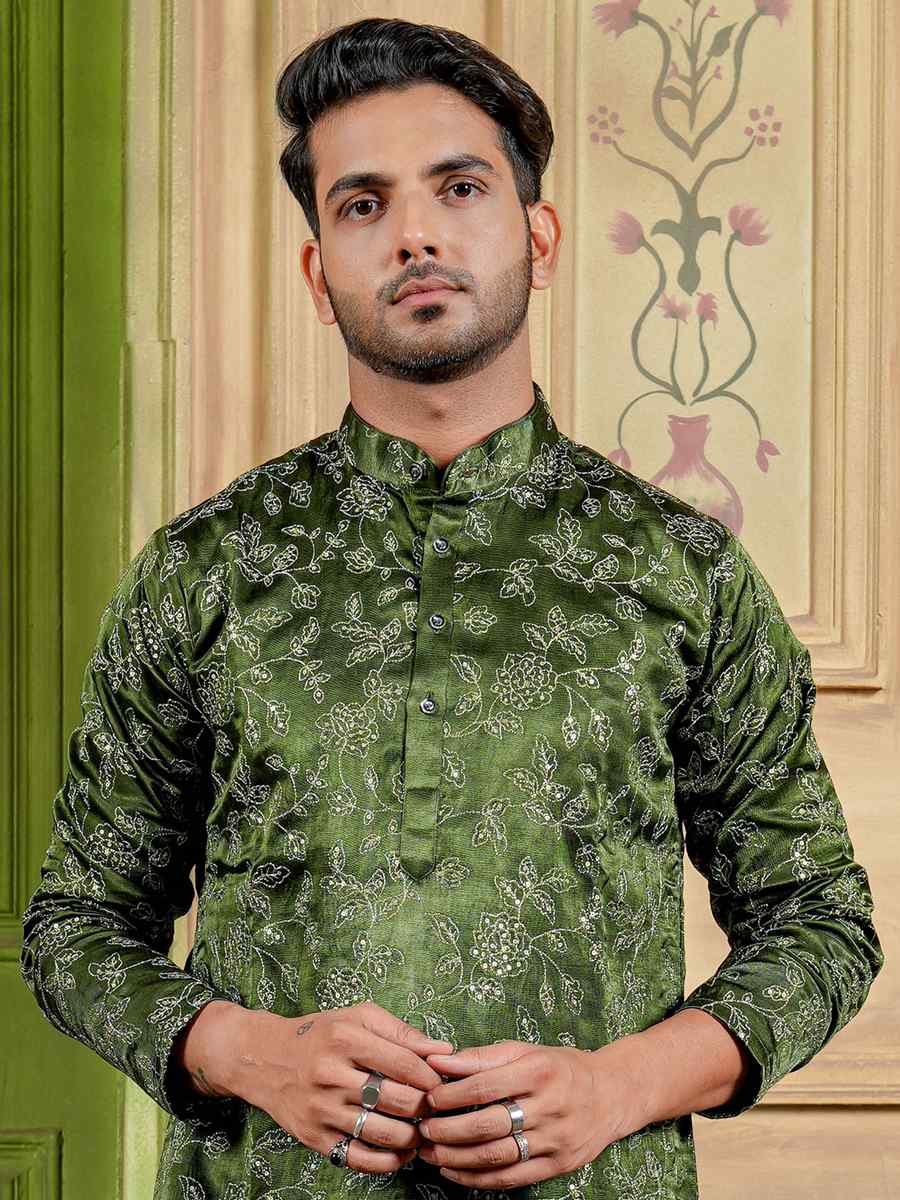 Green Modal Silk Embroidered Festival Kurta