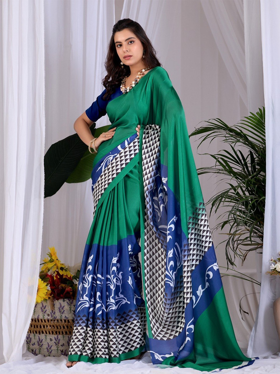 Green Monsoon Georgette Silk Printed Wedding Reception Party Festival Casual Heavy Border Sarees