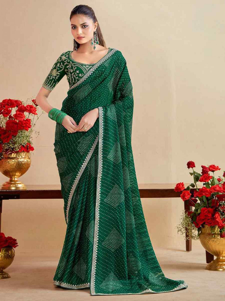 Image of Green Moss Chiffon Embroidery Party Bridal Reception Festival Wedding Fancy Heavy Border Saree