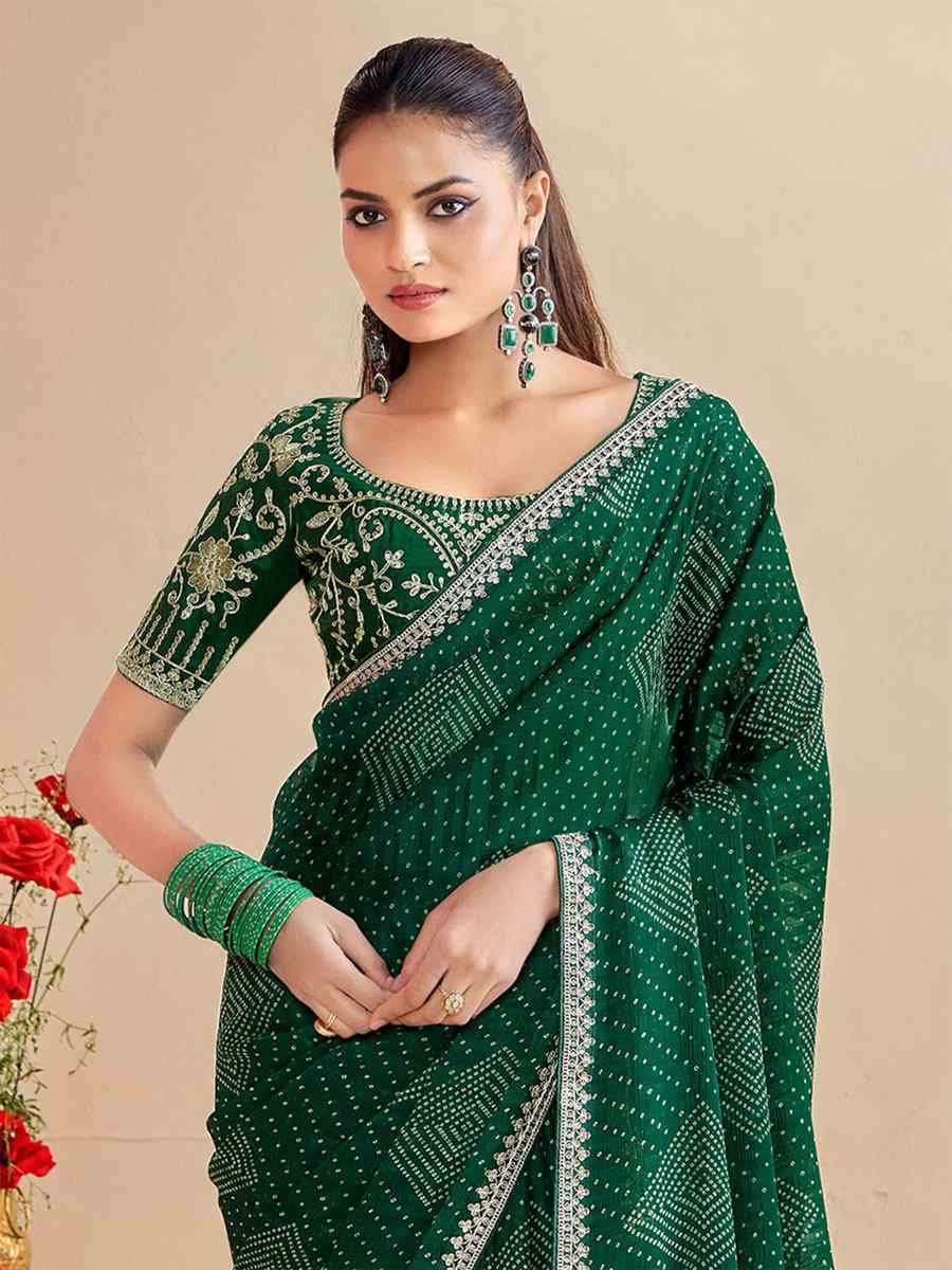 Green Moss Chiffon Embroidery Party Bridal Reception Festival Wedding Fancy Heavy Border Saree