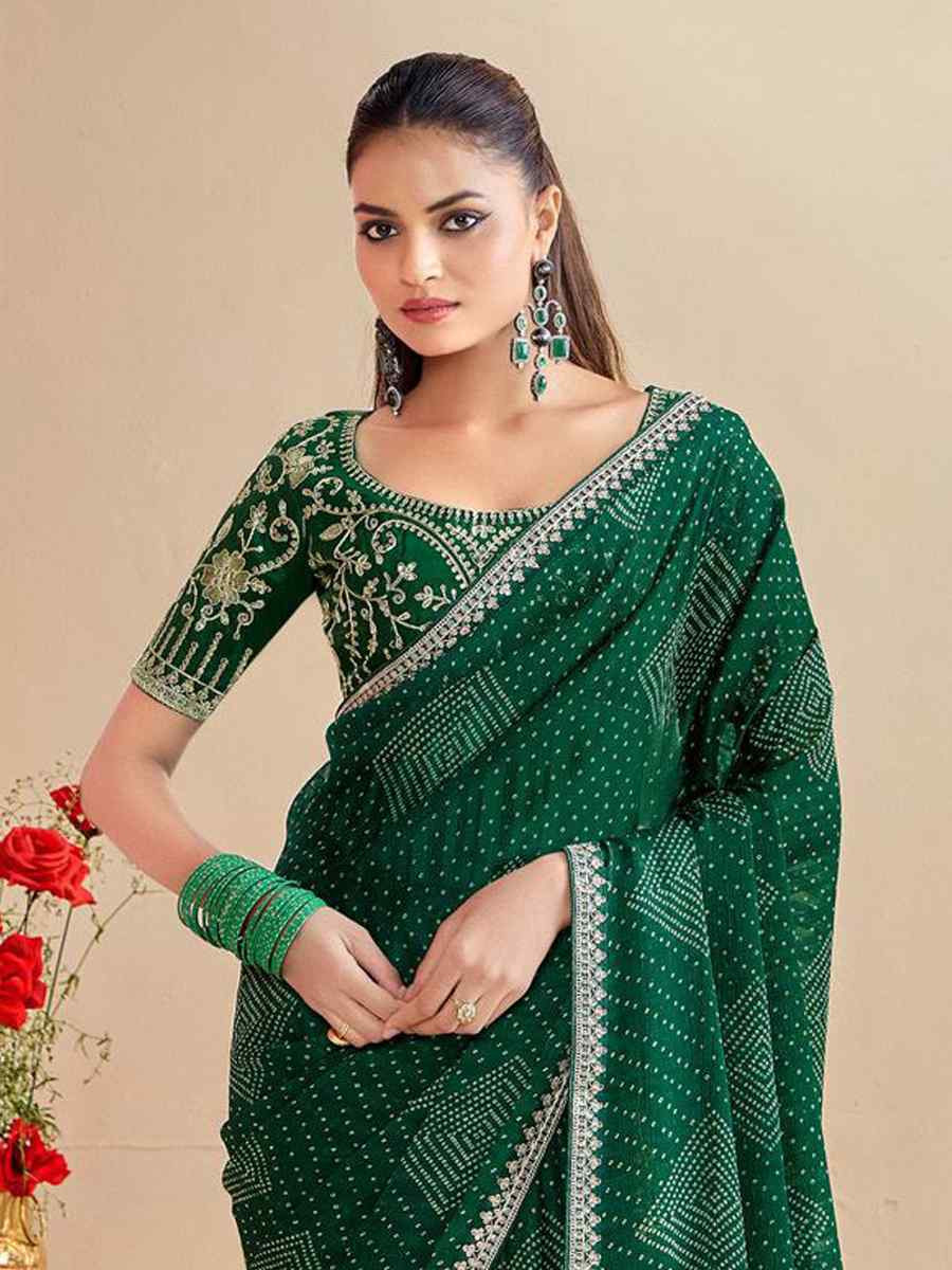 Green Moss Chiffon Embroidery Party Bridal Reception Festival Wedding Fancy Heavy Border Saree