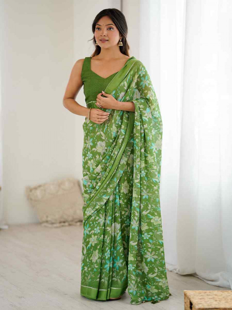 Image of Green Moss Satin Patta Silk Printed Casual Reception Festival Wedding Fancy Classic Style Sarees