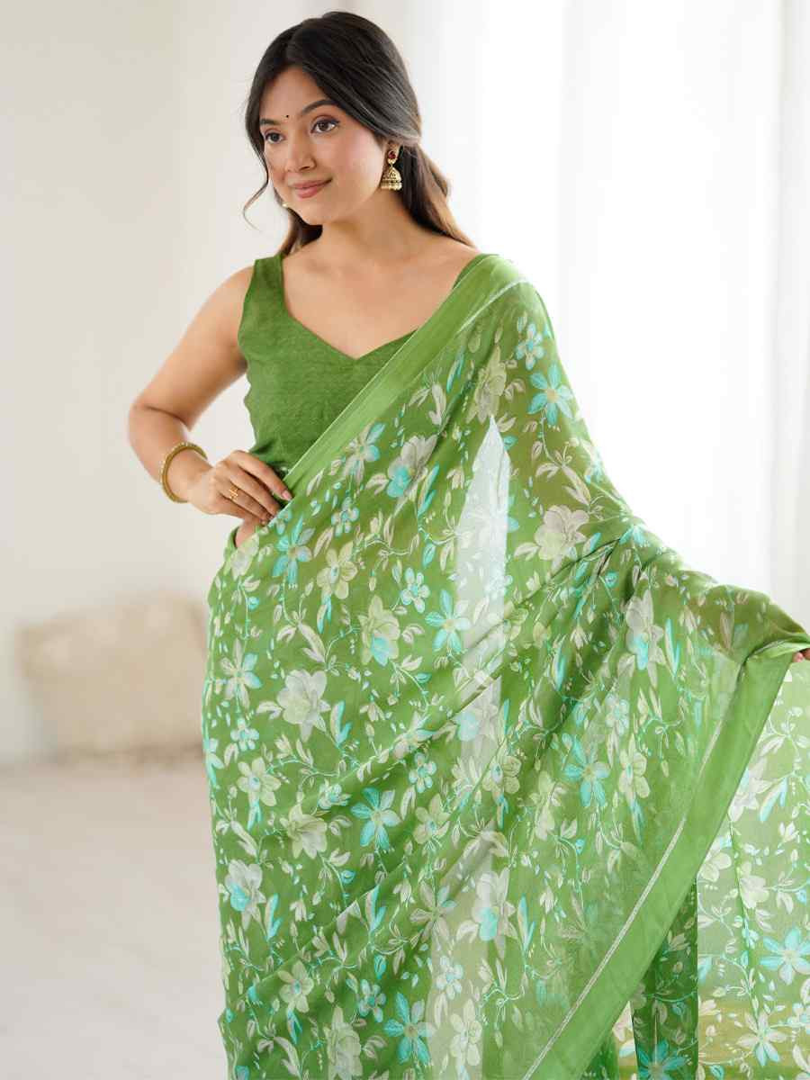 Green Moss Satin Patta Silk Printed Casual Reception Festival Wedding Fancy Classic Style Sarees