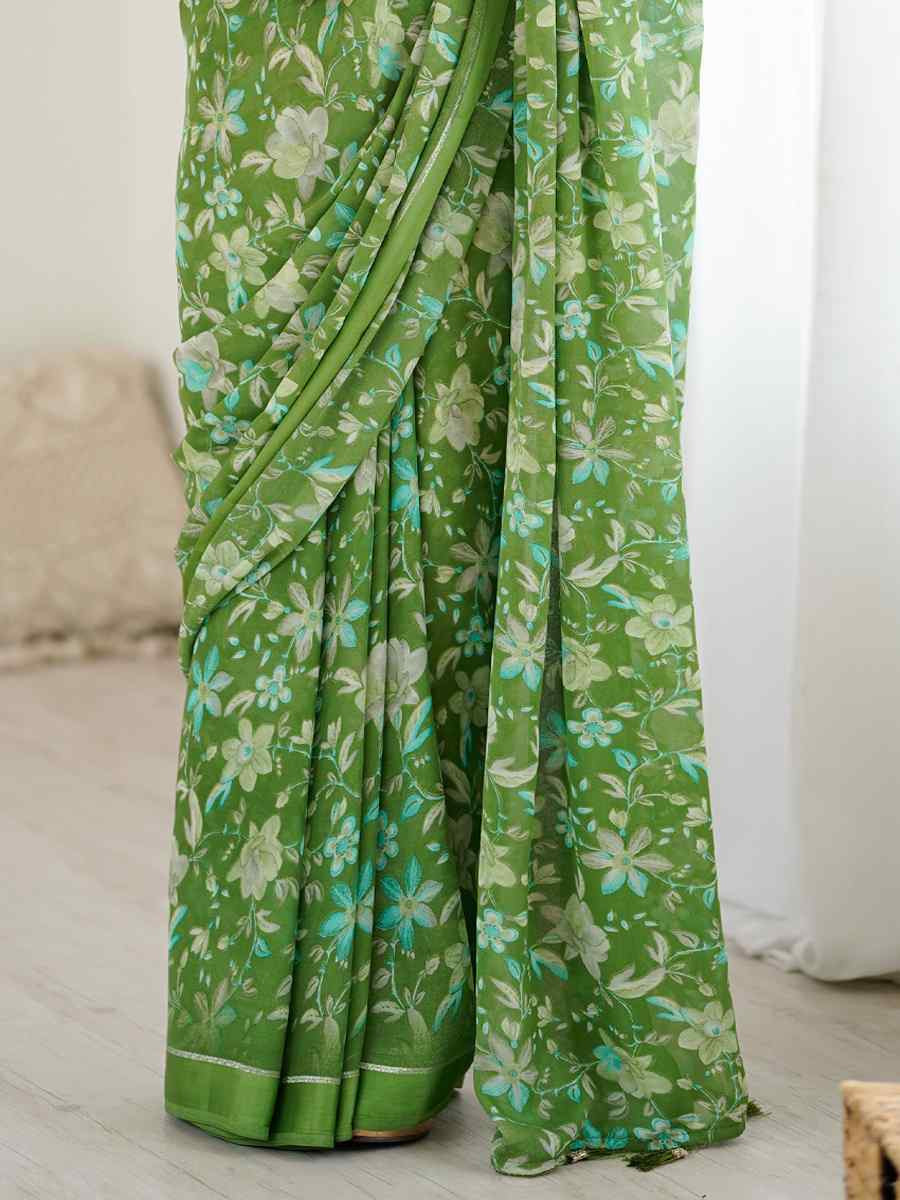 Green Moss Satin Patta Silk Printed Casual Reception Festival Wedding Fancy Classic Style Sarees