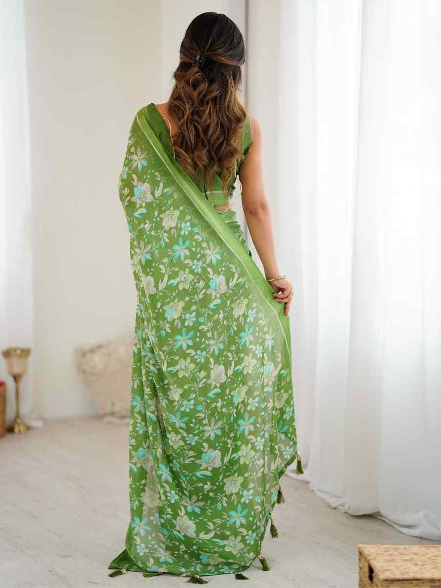 Green Moss Satin Patta Silk Printed Casual Reception Festival Wedding Fancy Classic Style Sarees