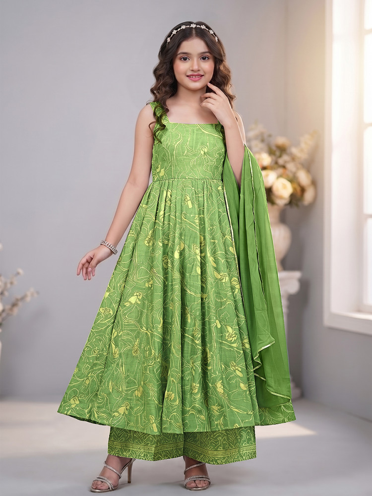 Image of Green Muslin Printed Ethnic Casual Festival Party Wedding Gown