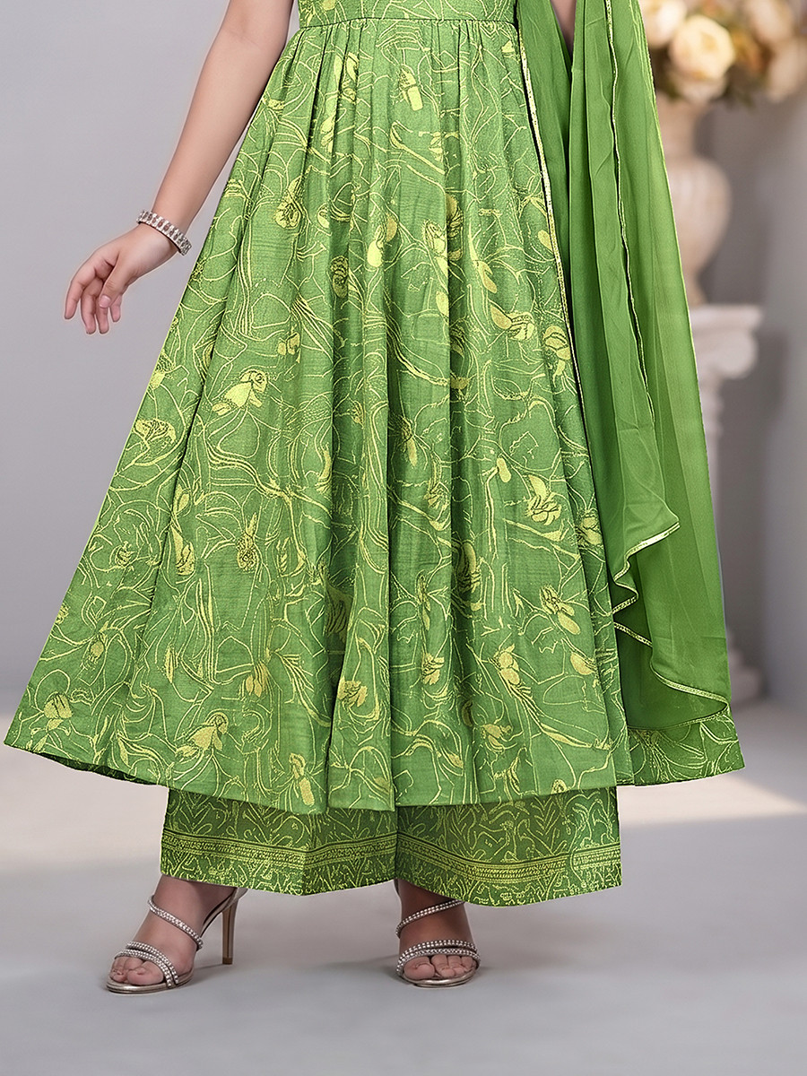 Green Muslin Printed Ethnic Casual Festival Party Wedding Gown