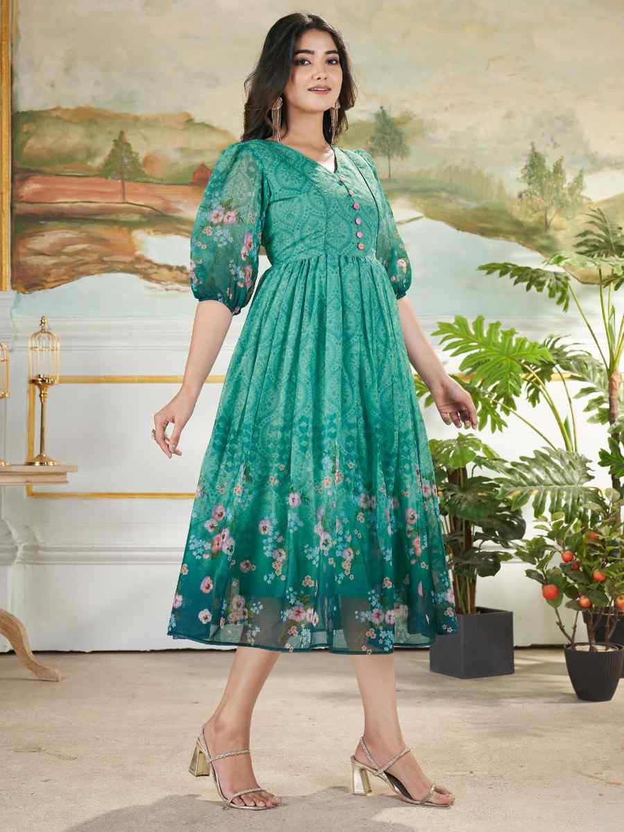 Green Muslin Printed Festival Casual Wedding Gown