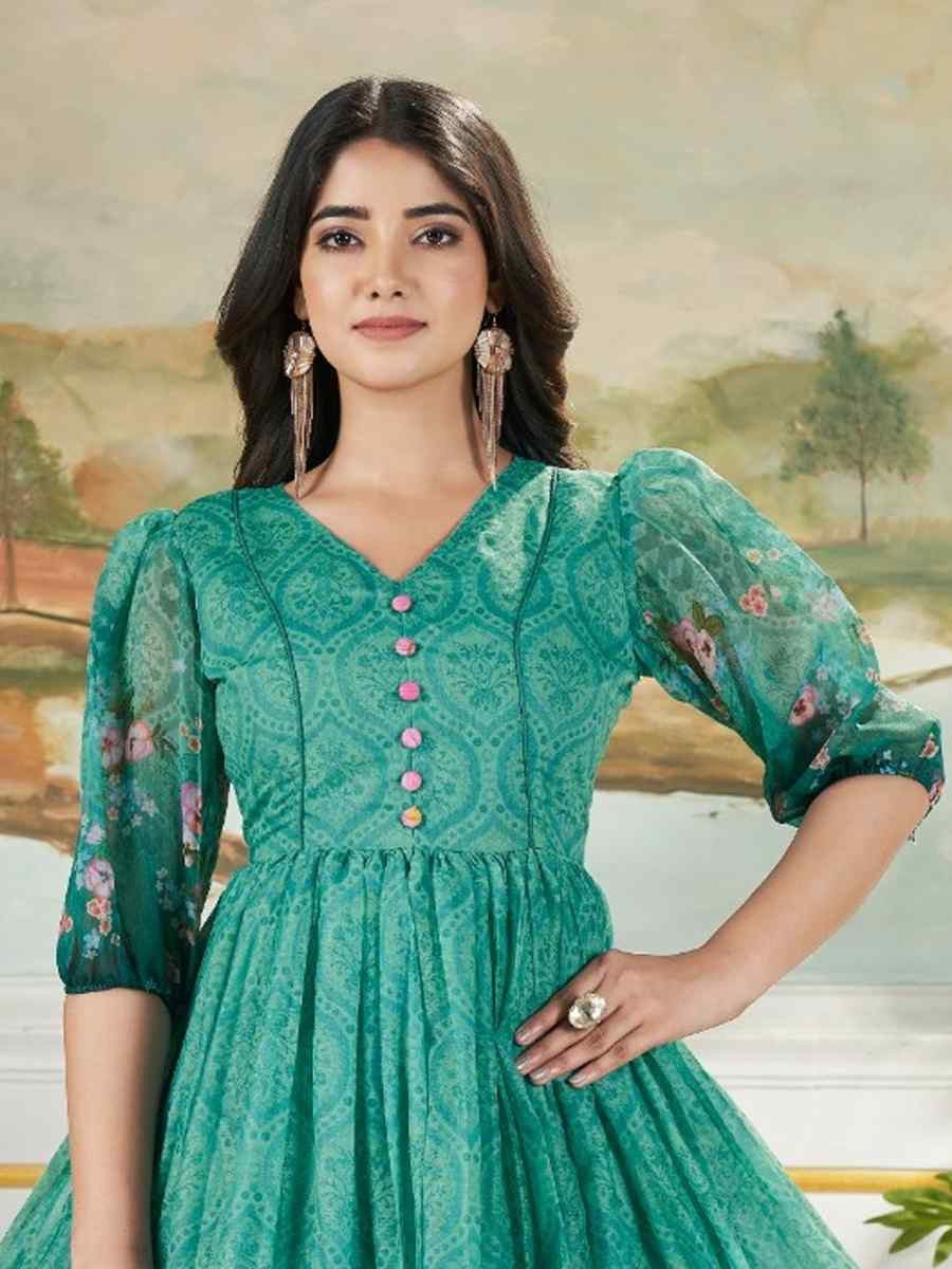 Green Muslin Printed Festival Casual Wedding Gown