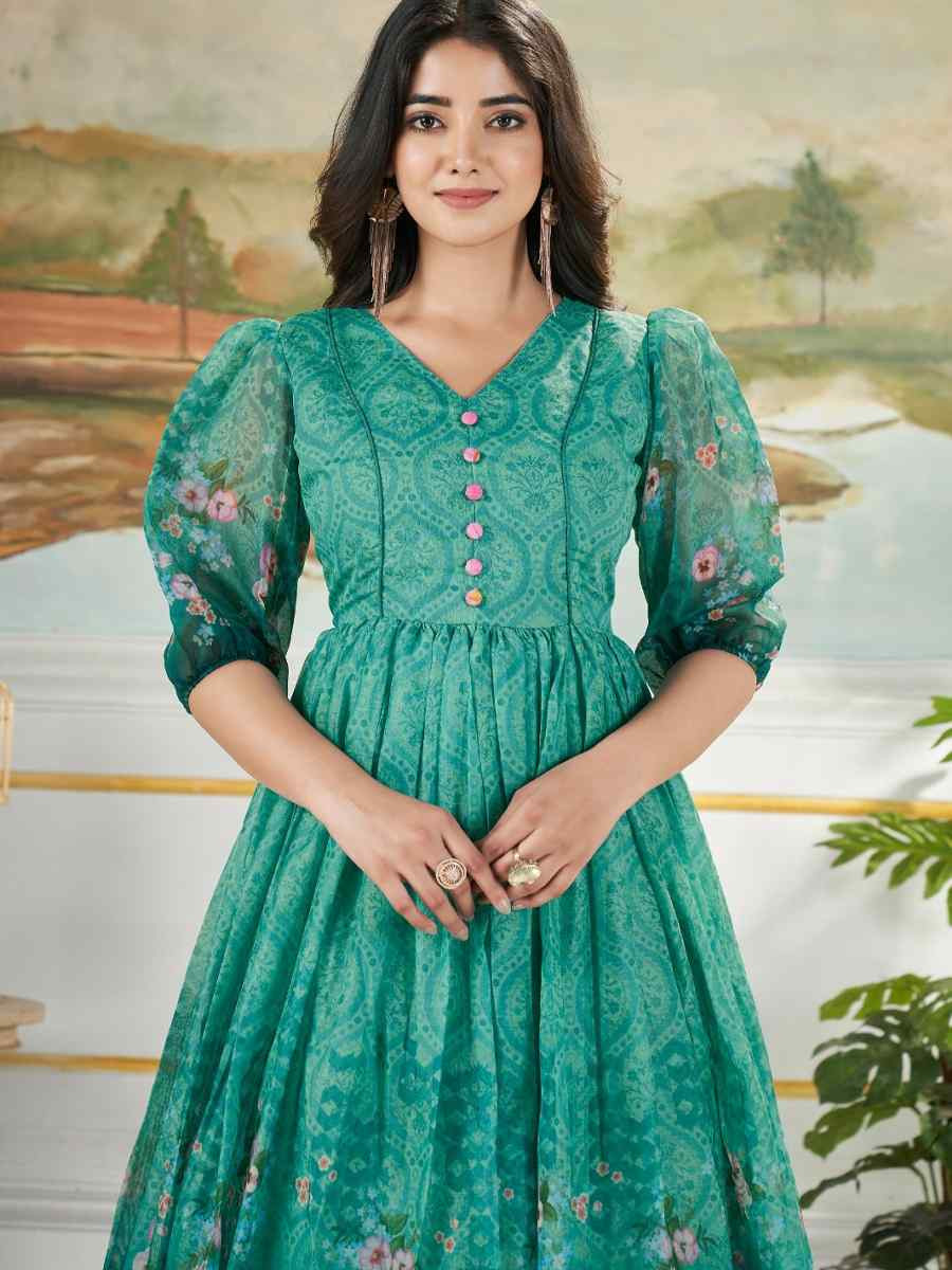 Green Muslin Printed Festival Casual Wedding Gown