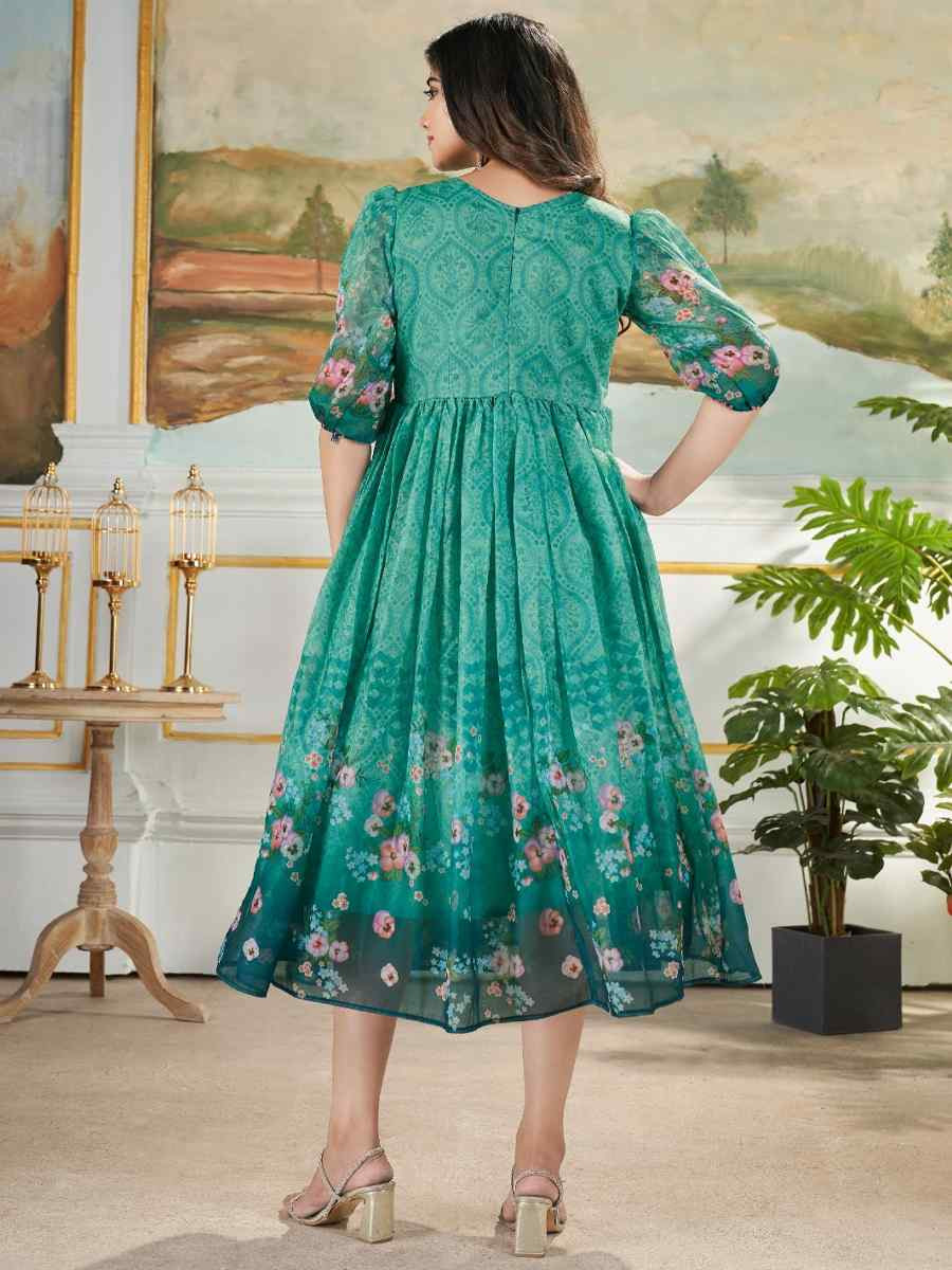 Green Muslin Printed Festival Casual Wedding Gown