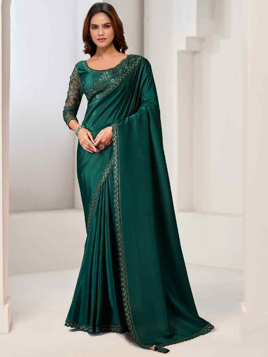 Green Natural Crepe Embroidered Festival Wedding Fancy Heavy Border Saree