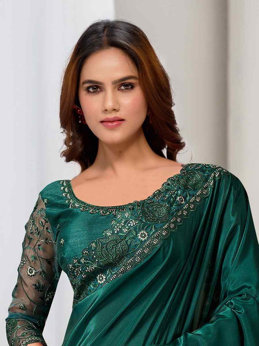 Green Natural Crepe Embroidered Festival Wedding Fancy Heavy Border Saree