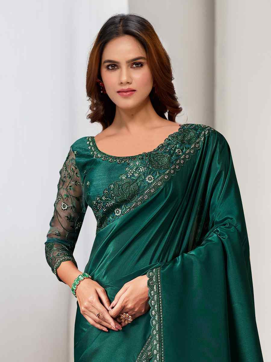 Green Natural Crepe Embroidered Festival Wedding Fancy Heavy Border Saree