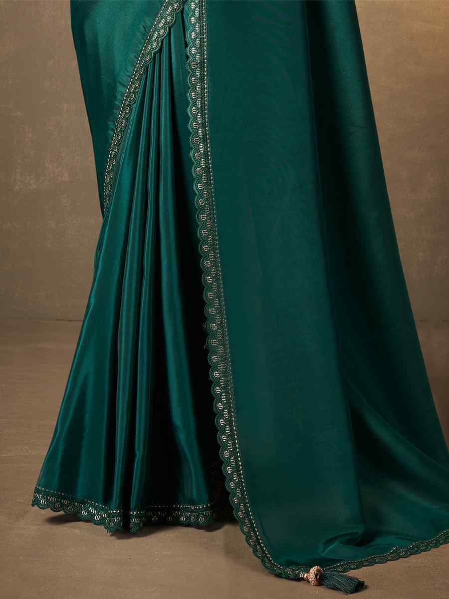Green Natural Crepe Embroidered Party Festival Heavy Border Saree