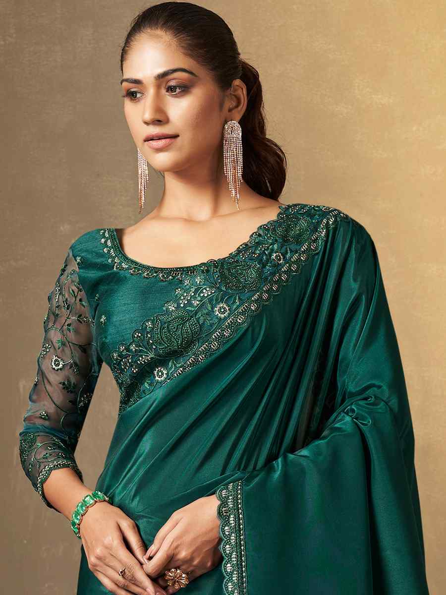 Green Natural Crepe Embroidered Party Festival Heavy Border Saree