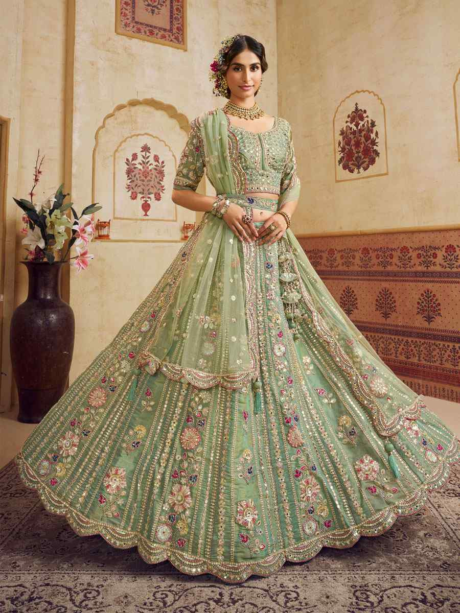 Green Net Embroidered Bridal Festival Reception Wedding Traditional Heavy Border Lehenga Choli