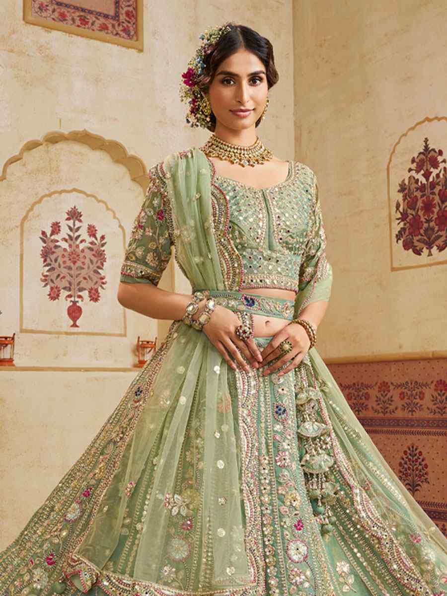 Green Net Embroidered Bridal Festival Reception Wedding Traditional Heavy Border Lehenga Choli