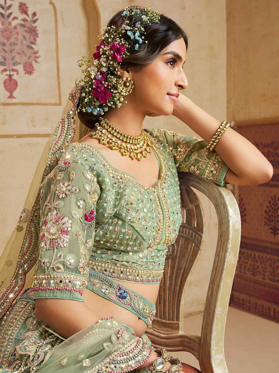 Green Net Embroidered Bridal Festival Reception Wedding Traditional Heavy Border Lehenga Choli