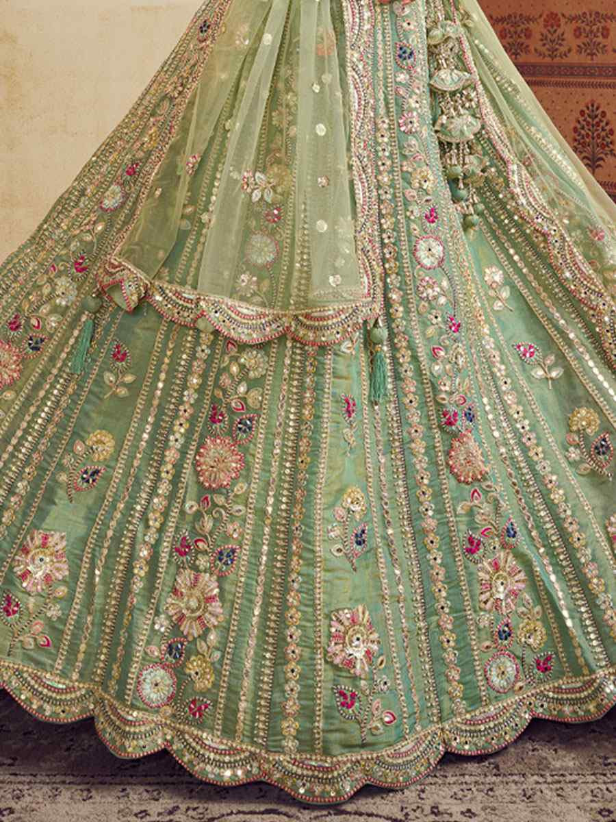 Green Net Embroidered Bridal Festival Reception Wedding Traditional Heavy Border Lehenga Choli