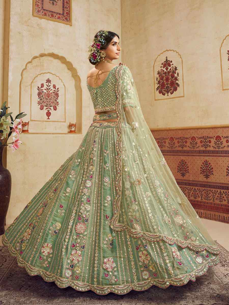 Green Net Embroidered Bridal Festival Reception Wedding Traditional Heavy Border Lehenga Choli
