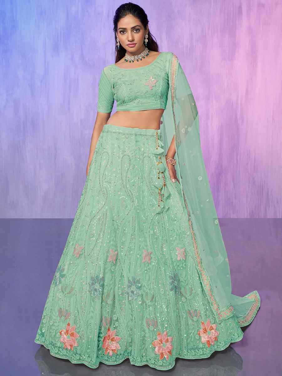 Green Net Embroidered Bridal Reception Heavy Border Lehenga Choli