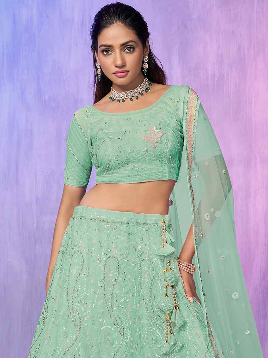 Green Net Embroidered Bridal Reception Heavy Border Lehenga Choli