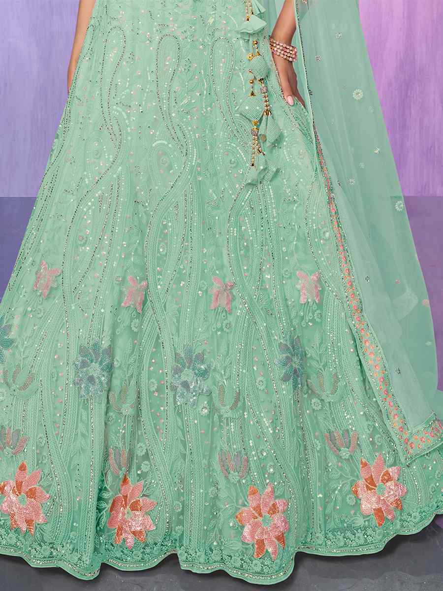 Green Net Embroidered Bridal Reception Heavy Border Lehenga Choli