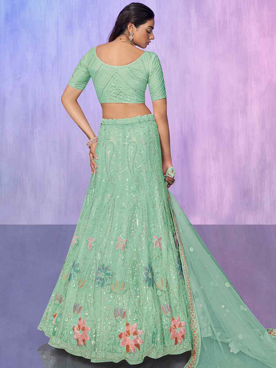 Green Net Embroidered Bridal Reception Heavy Border Lehenga Choli