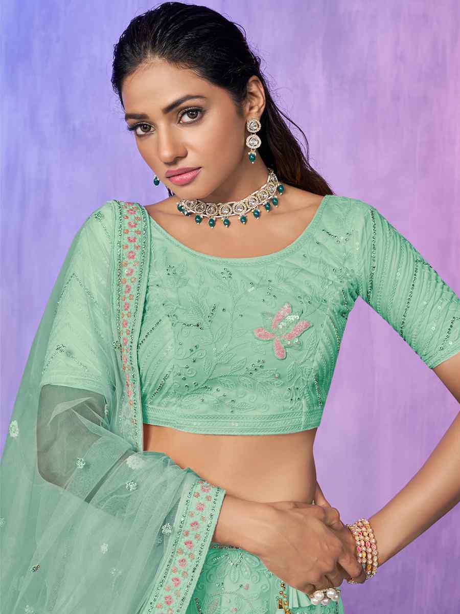 Green Net Embroidered Bridal Reception Heavy Border Lehenga Choli