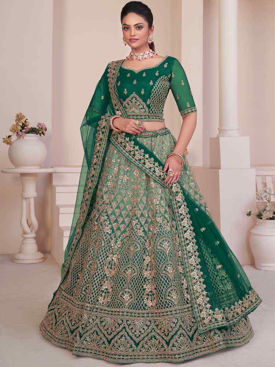 Green Net Embroidered Bridal Reception Heavy Border Lehenga Choli