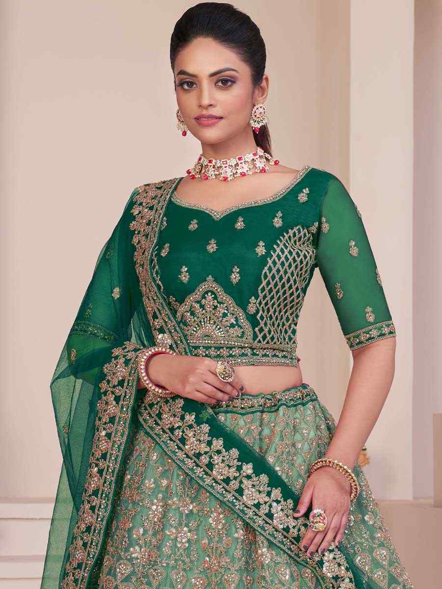 Green Net Embroidered Bridal Reception Heavy Border Lehenga Choli