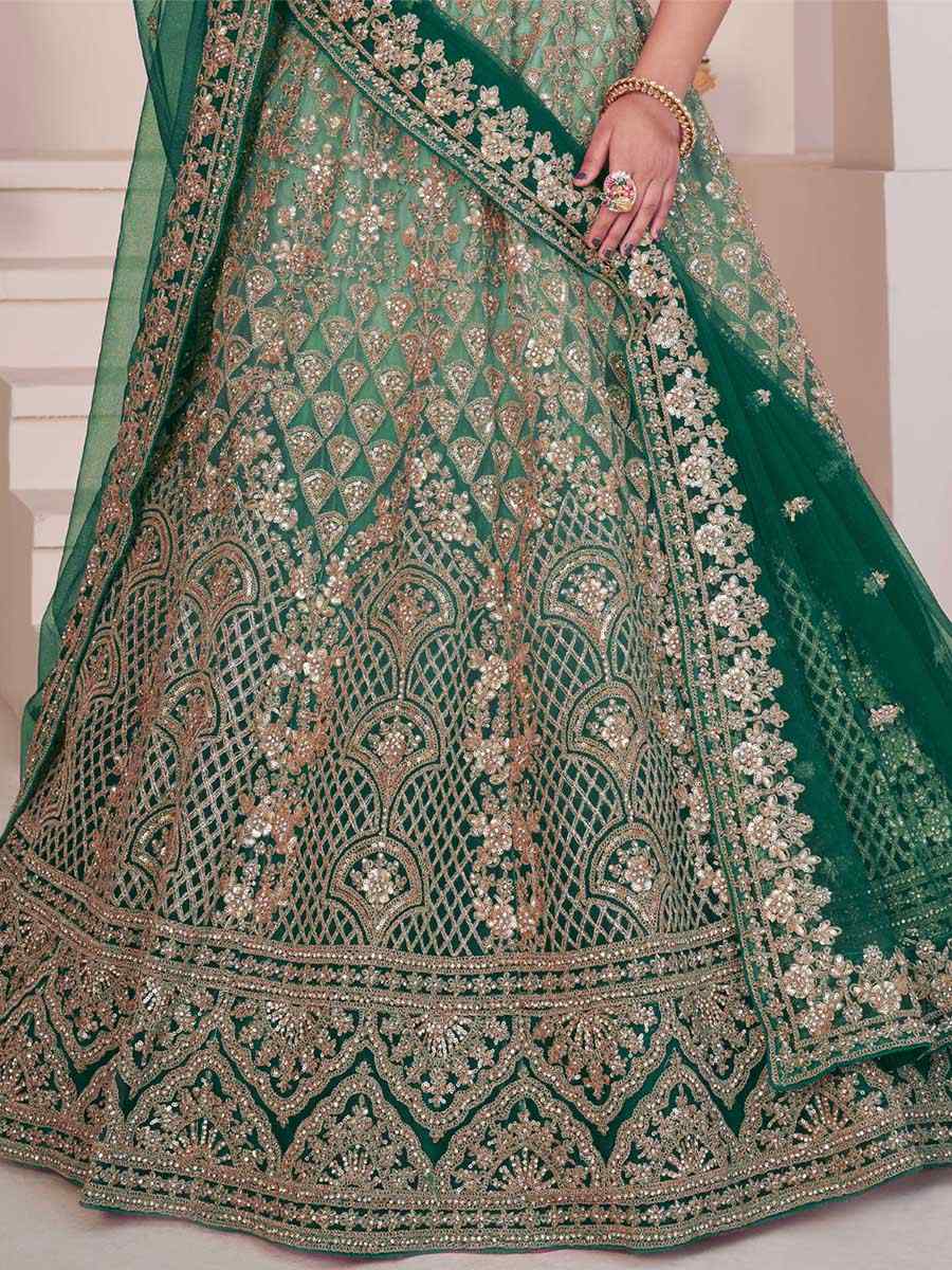 Green Net Embroidered Bridal Reception Heavy Border Lehenga Choli