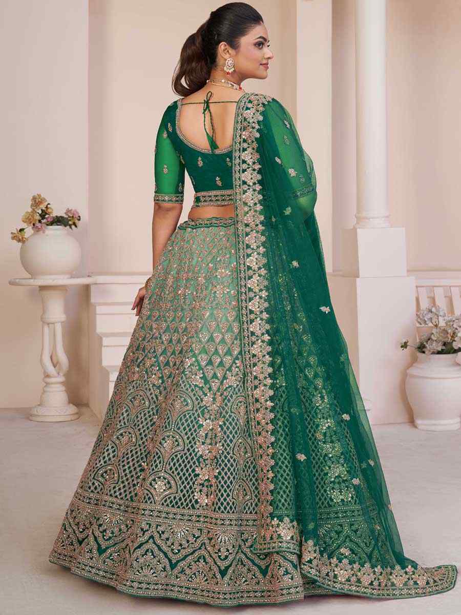 Green Net Embroidered Bridal Reception Heavy Border Lehenga Choli
