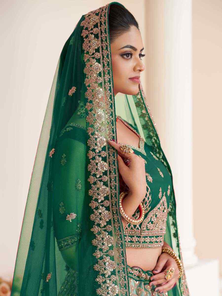 Green Net Embroidered Bridal Reception Heavy Border Lehenga Choli
