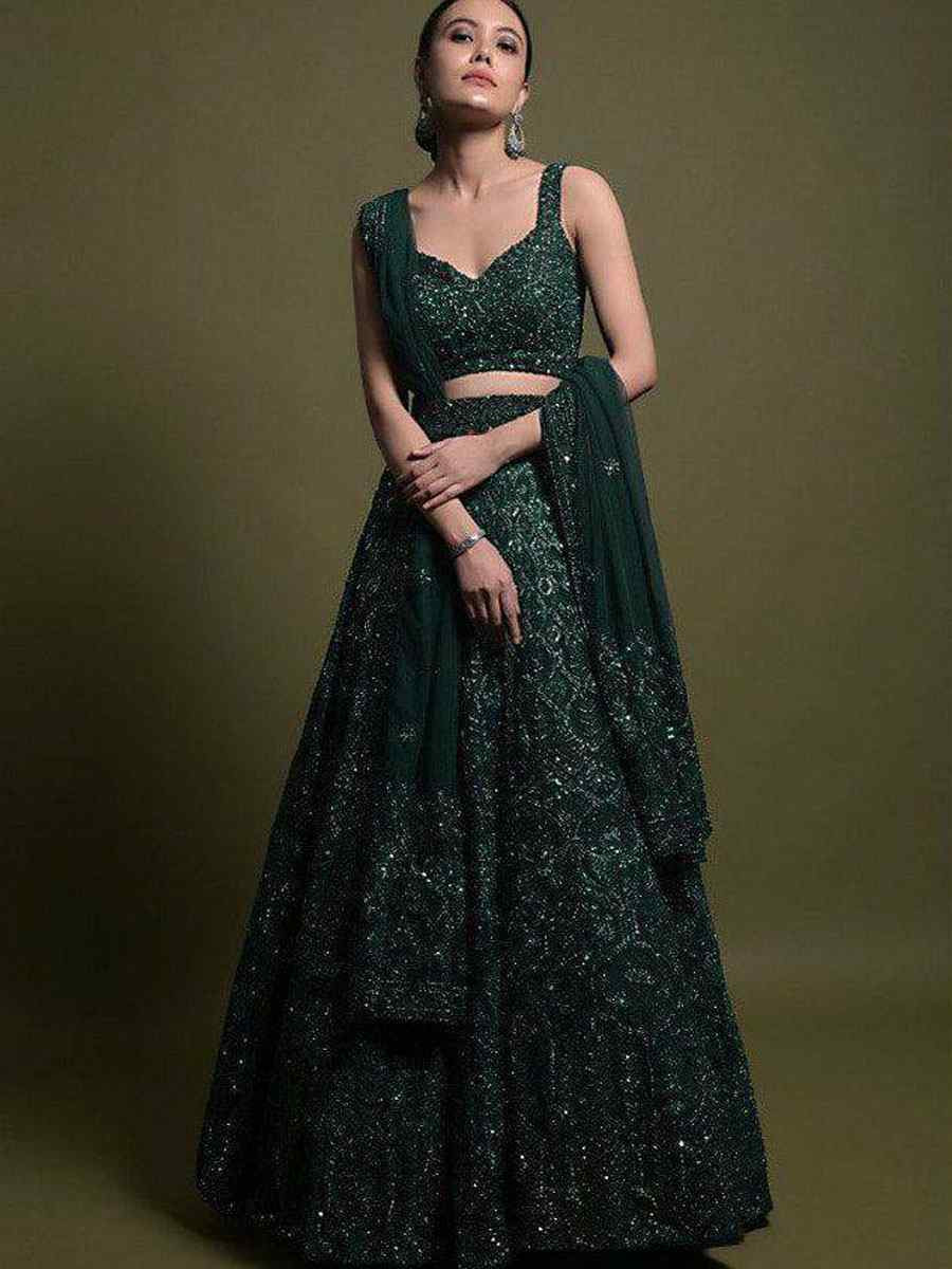Green Net Embroidered Bridal Wedding Reception Festival Heavy Border Lehenga Choli