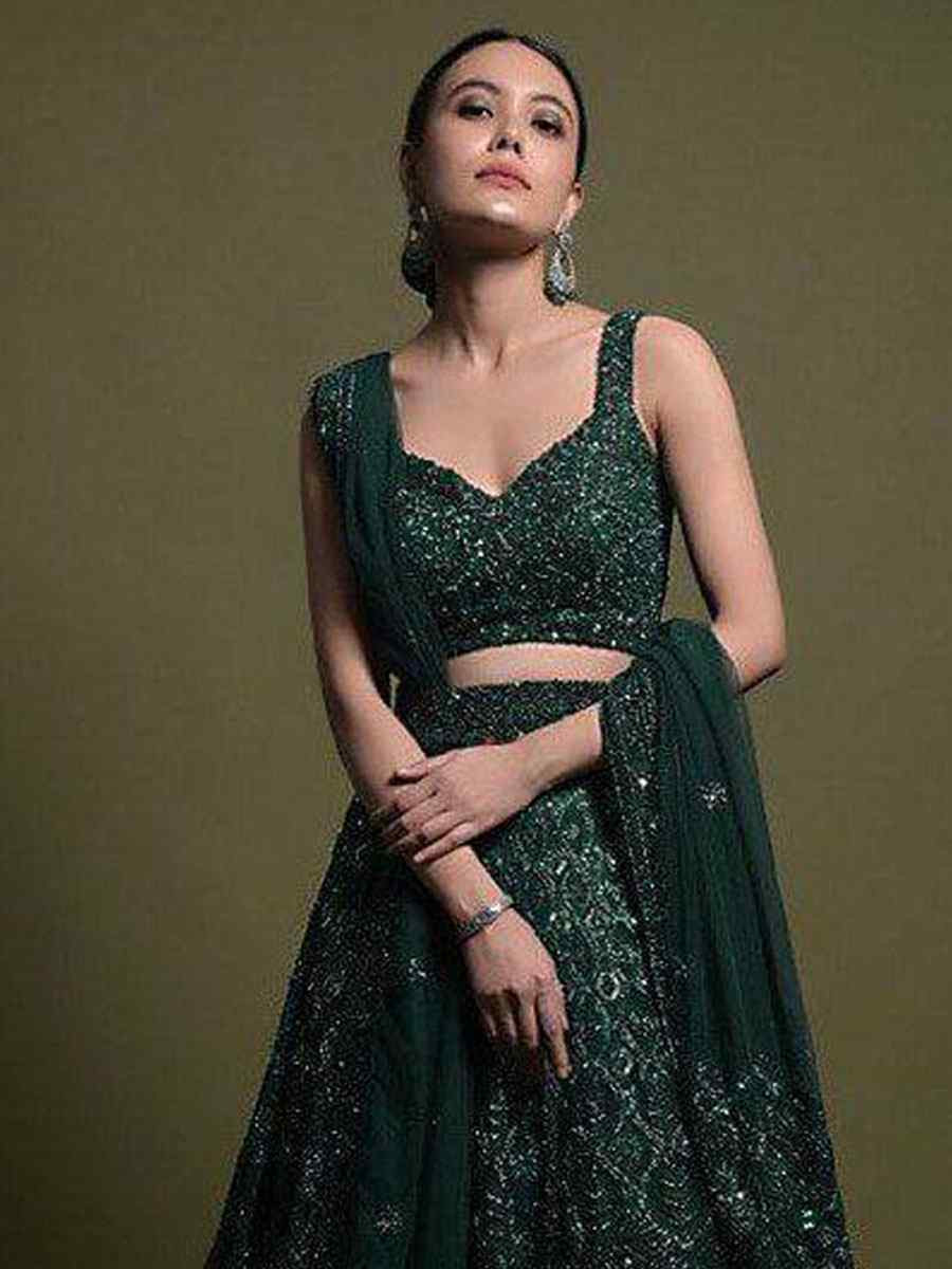 Green Net Embroidered Bridal Wedding Reception Festival Heavy Border Lehenga Choli