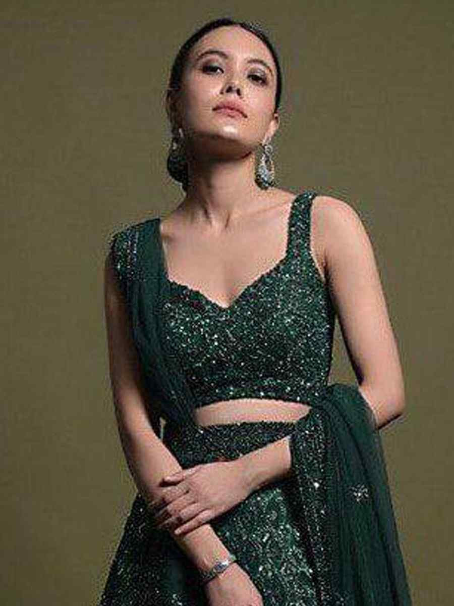 Green Net Embroidered Bridal Wedding Reception Festival Heavy Border Lehenga Choli