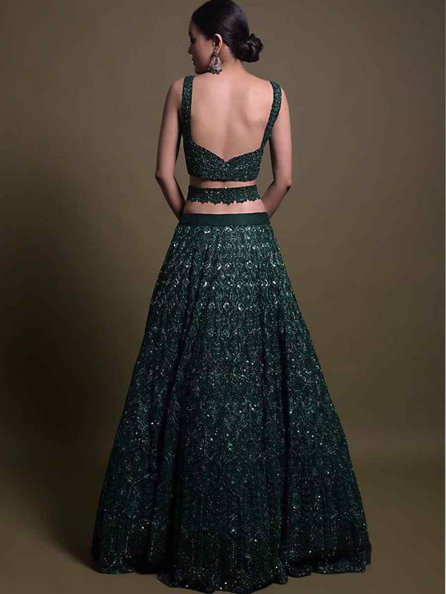 Green Net Embroidered Bridal Wedding Reception Festival Heavy Border Lehenga Choli