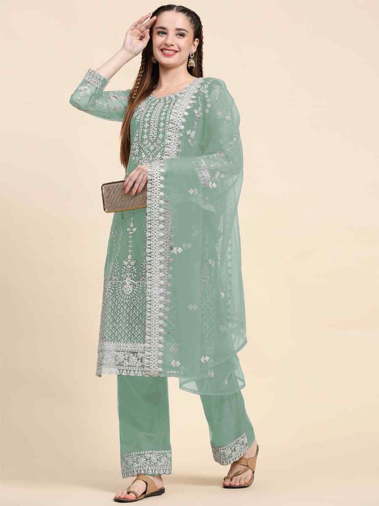 Green Net Embroidered Festival Mehendi Pant Salwar Kameez