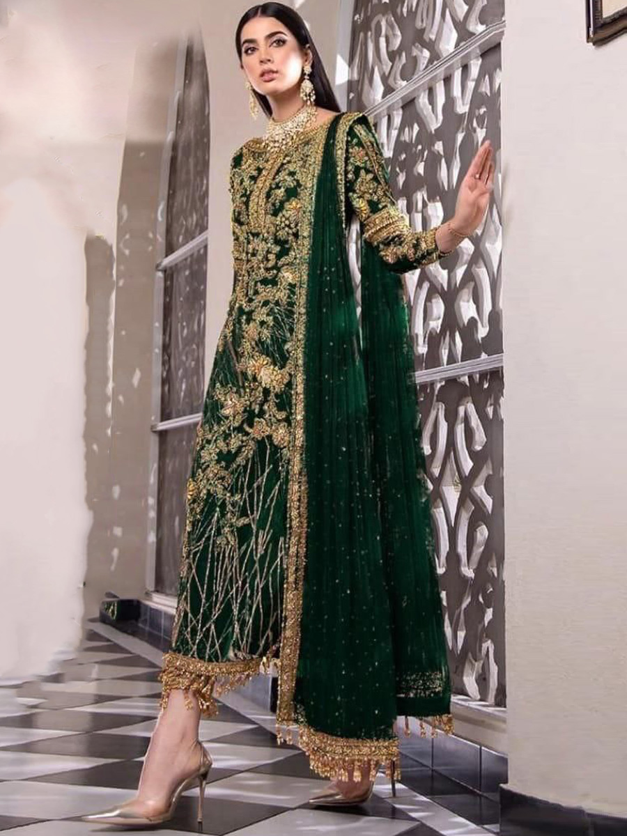Green Net Embroidered Festival Party Pant Salwar Kameez