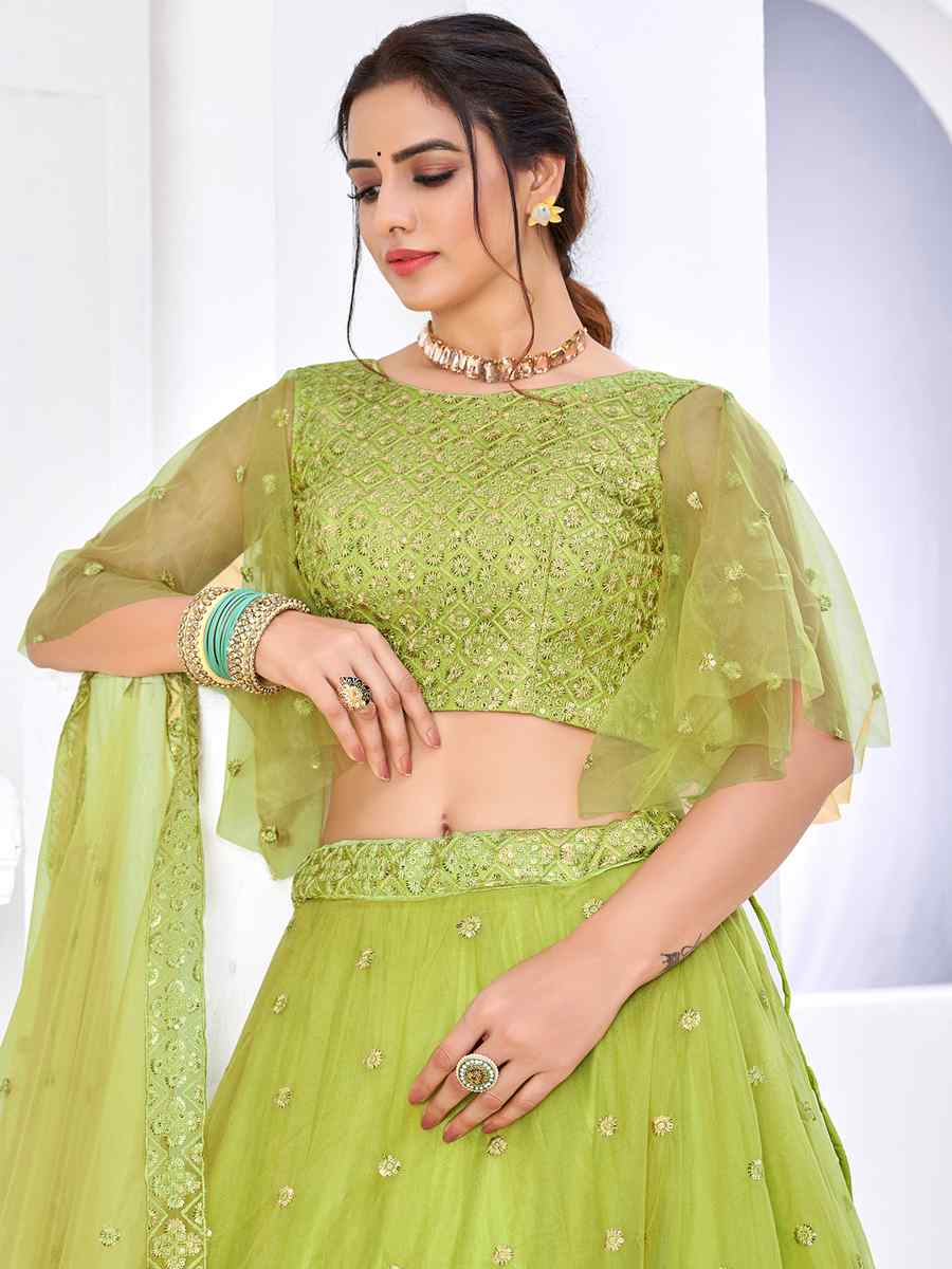 Green Net Embroidered Festival Reception Circular Lehenga Choli