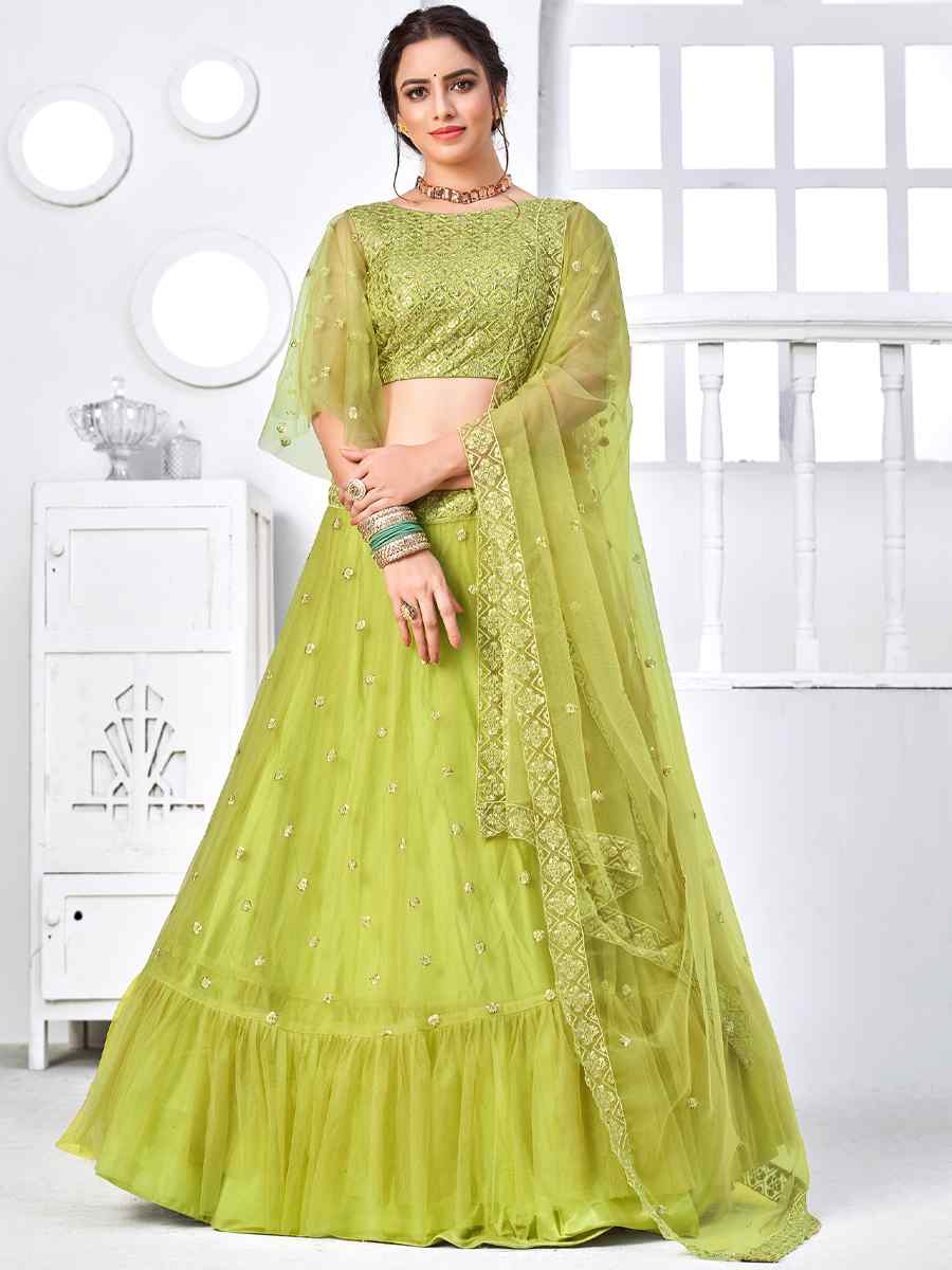 Green Net Embroidered Festival Reception Circular Lehenga Choli